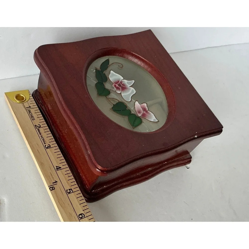 Wooden Jewelry Box Floral Glass‎ Inlay Small Brown Trinket Case